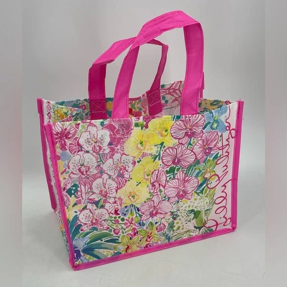 Lilly Pulitzer Floral Garden Pink Reusable Tote Shopping Bag Hibiscus Maui 11x9" - Picture 1 of 9